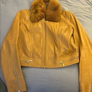 Marciano Camel Leather Jacket with Fur Collar and Zipper Closure